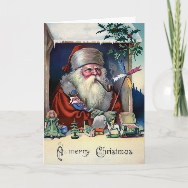 Vintage Grumpy Smoking Santa Holiday Card (Front)