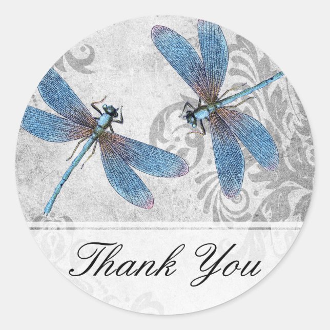 Vintage Grunge Damask Dragonflies Classic Round Sticker (Front)