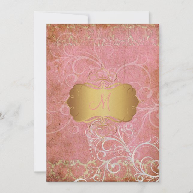 Vintage grunge damask/monogram Wedding Invitations (Front)