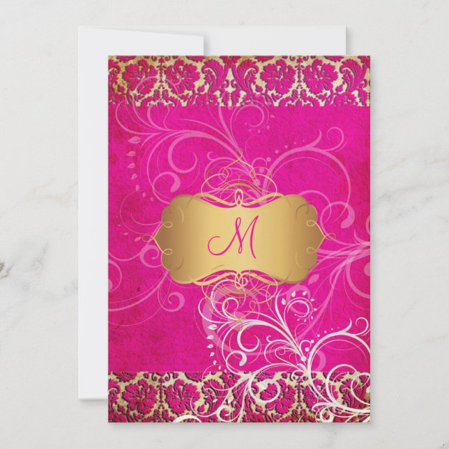 Vintage/Grunge/Damask/Swirls/hot pink Invitation (Front)