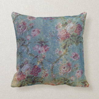 Vintage Grunge Floral Pillow-Pink Flowers on Blue Cushion