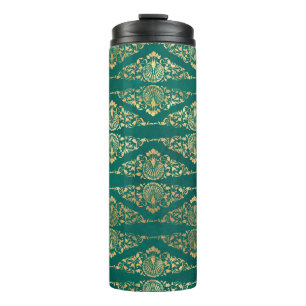 Vintage Grunge Teal and Gold Damask Thermal Tumbler