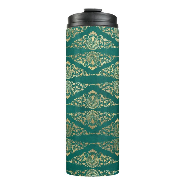 Vintage Grunge Teal and Gold Damask Thermal Tumbler (Front)