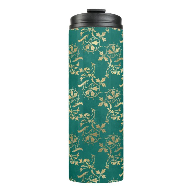 Vintage Grunge Teal and Gold Foliage Thermal Tumbler (Front)