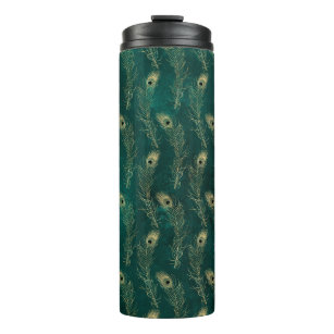 Vintage Grunge Teal and Gold Peacock Feathers Thermal Tumbler