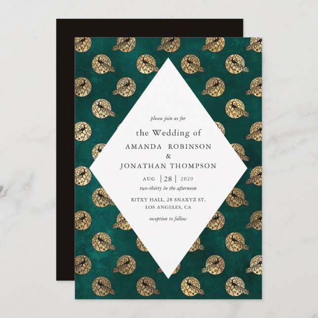 Vintage Grunge Teal and Gold Peacock Wedding Invitation (Front/Back)