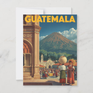 Vintage Guatemala Market Volcano Travel Postcard