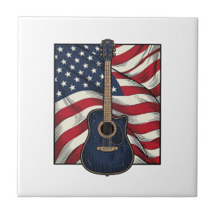 Vintage Guitar Patriotic Flag Vector Shirt Design_ Ceramic Tile
