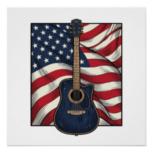 Vintage Guitar Patriotic Flag Vector Shirt Design_ Poster