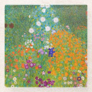 Vintage Gustav Klimt Cottage Garden Flower Art Glass Coaster