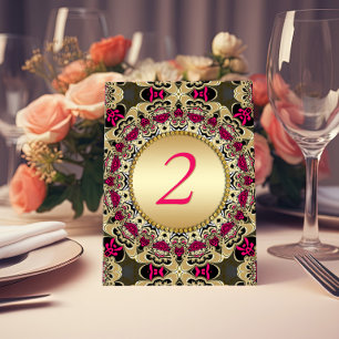 Vintage Gypsy Bohemian Hot Pink Gold Ornate Lace Table Number