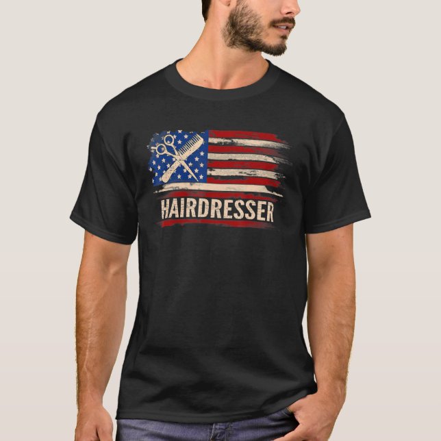 Vintage Hairdresser American Flag Barberhairstylis T-Shirt (Front)