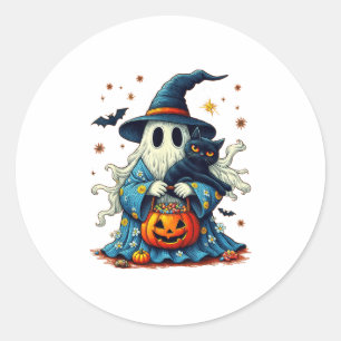 Vintage Halloween 2025 Ghost Holding Black Cat Gro Classic Round Sticker