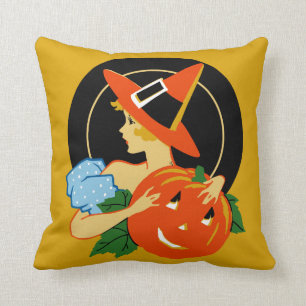 Vintage Halloween Art Deco Girl Pillow