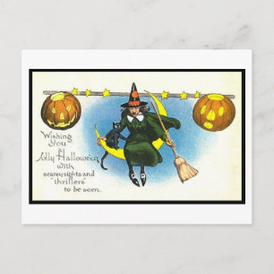 Vintage Halloween Art Postcard   Witch Pumpkins