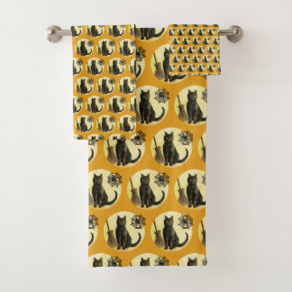 Vintage Halloween Bathroom Decor  Black Cat Spider Bath Towel Set