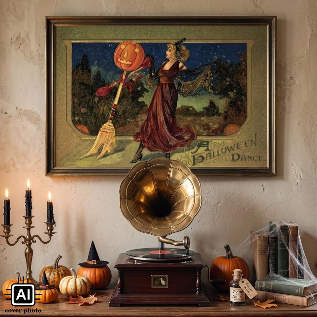 Vintage Halloween, Beautiful Dancing Witch Poster (Vintage illustration Halloween design; a witch and a dancing broomstick with a pumpkin head.)