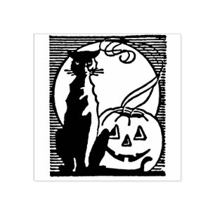 Vintage Halloween Black Cat and Jack O'Lantern Rubber Stamp