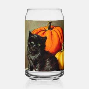 Vintage Halloween Black Cat and Pumpkins Can Glass