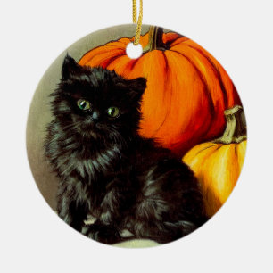 Vintage Halloween Black Cat and Pumpkins Ceramic Ornament