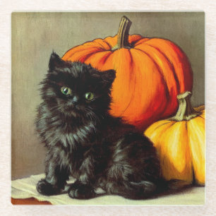 Vintage Halloween Black Cat and Pumpkins Glass Coaster
