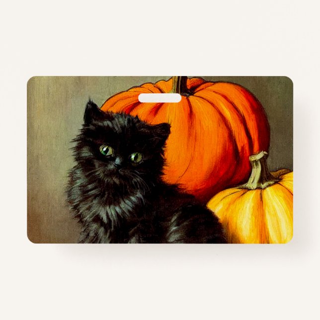 Vintage Halloween Black Cat and Pumpkins ID Badge (Front)