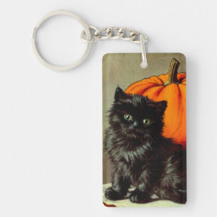 Vintage Halloween Black Cat and Pumpkins Key Ring
