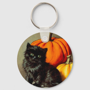 Vintage Halloween Black Cat and Pumpkins Key Ring