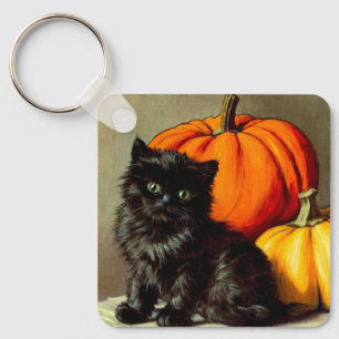 Vintage Halloween Black Cat and Pumpkins Key Ring