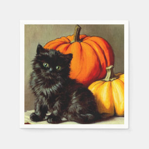 Vintage Halloween Black Cat and Pumpkins Napkin