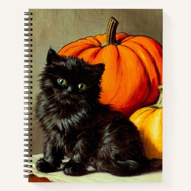 Vintage Halloween Black Cat and Pumpkins Notebook (Front)