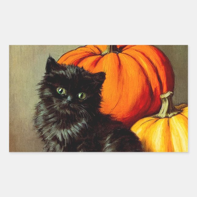 Vintage Halloween Black Cat and Pumpkins Rectangular Sticker (Front)