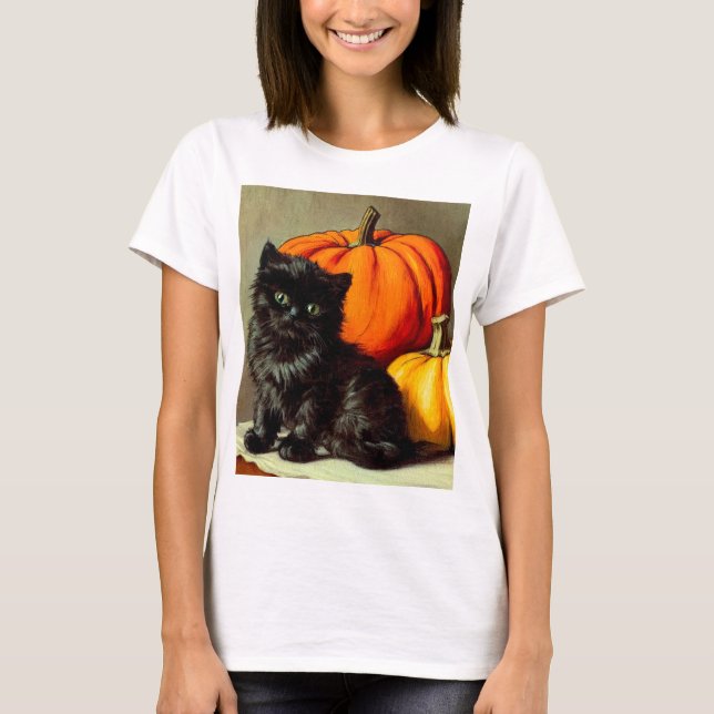 Vintage Halloween Black Cat and Pumpkins T-Shirt (Front)