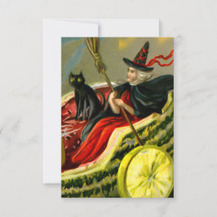 Vintage Halloween Black Cat and Witch Card