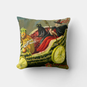 Vintage Halloween Black Cat and Witch Cushion