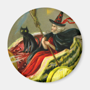 Vintage Halloween Black Cat and Witch Magnet