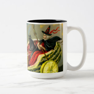 Vintage Halloween Black Cat and Witch Two-Tone Coffee Mug