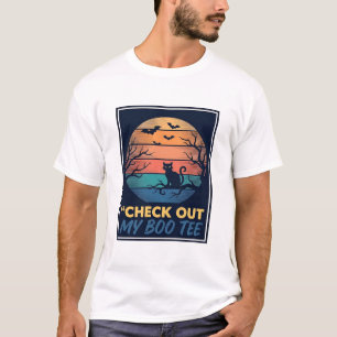 Vintage Halloween Black Cat Boo Tee Shirt Design_1