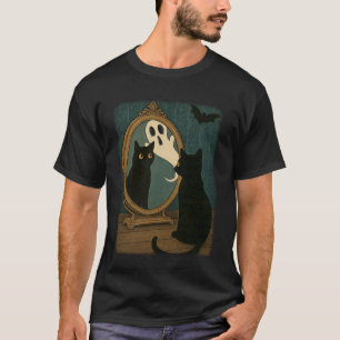 Vintage Halloween Black Cat Ghost in Mirror Cat Lo T-Shirt