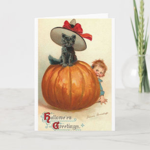 Vintage Halloween Black Cat Greeting Card