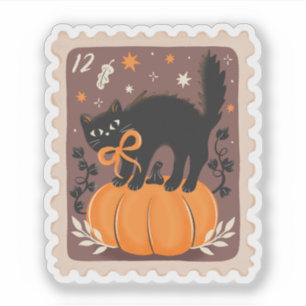 Vintage Halloween Black Cat on Pumpkin Stamp