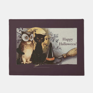 Vintage Halloween Black Cat & Owl Witch Hat Moon Doormat