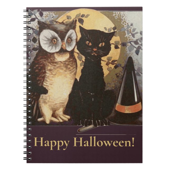 Vintage Halloween Black Cat & Owl Witch Hat Notebook (Front)