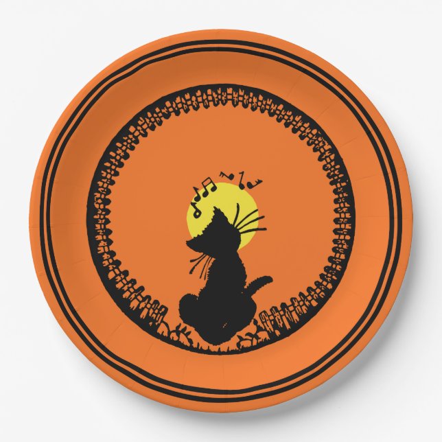 Vintage Halloween Black Cat Paper Plate (Front)