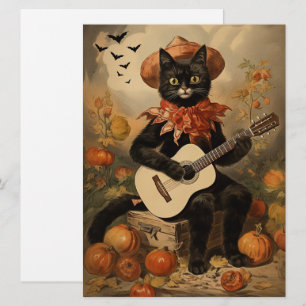 Vintage Halloween Black Cat Playing Guitar Card