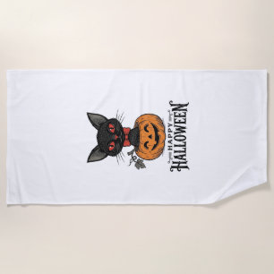 Vintage Halloween Black Cat Pumpkin Shirt Design_1 Beach Towel