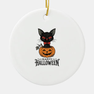 Vintage Halloween Black Cat Pumpkin Shirt Design_1 Ceramic Ornament