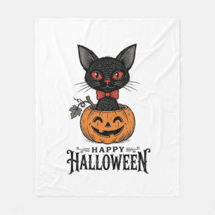 Vintage Halloween Black Cat Pumpkin Shirt Design_1 Fleece Blanket
