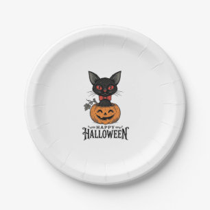 Vintage Halloween Black Cat Pumpkin Shirt Design_1 Paper Plate