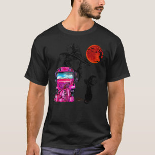Vintage Halloween Black Cat Witch Moon & Pink Scho T-Shirt